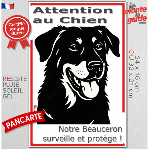 Plaque portail verticale "Attention au Chien, notre Beauceron surveille et protège" dessin stylisé noir, résiste intempéries