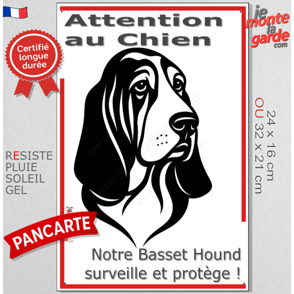 Plaque portail verticale "Attention au Chien, notre Basset Hound surveille et protège" dessin stylisé noir et blanc, résiste