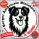 Disque autocollant "Berger Américain Miniature à Bord" en noir et blanc. Sticker adhésif rond vitre voiture résiste intempéries