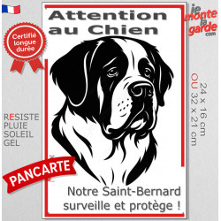 Plaque portail verticale "Attention au Chien, notre Saint-Bernard surveille et protège" dessin stylisé noir et blanc, résiste