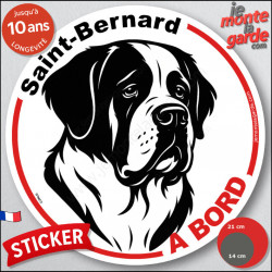 Disque autocollant "Saint-Bernard à Bord" en noir et blanc. Sticker adhésif rond vitre voiture résiste intempéries