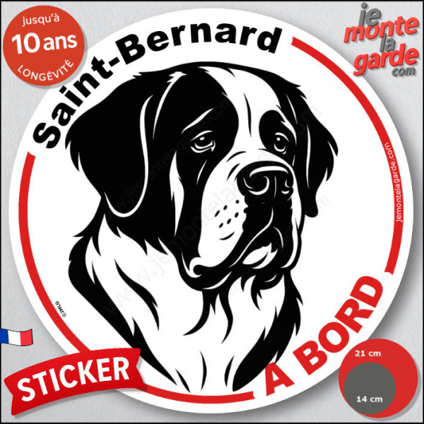 Disque autocollant "Saint-Bernard à Bord" en noir et blanc. Sticker adhésif rond vitre voiture résiste intempéries