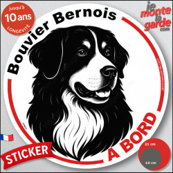 Disque autocollant "Bouvier Bernois à Bord" en noir et blanc. Sticker adhésif rond vitre voiture résiste intempéries