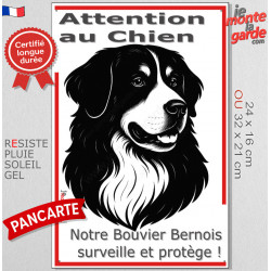 Plaque portail verticale "Attention au Chien, notre Bouvier Bernois surveille et protège" dessin stylisé noir et blanc, résiste 