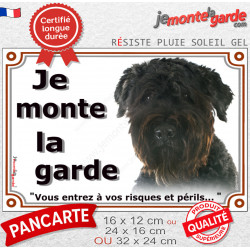 Bouvier des Flandres, plaque portail extérieur "Je Monte la Garde, risques périls" pancarte photo noir attention au chien
