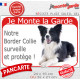 Border Collie noir et blanc à poils longs couché, plaque portail rouge "Je Monte la Garde, surveille et protège" pancarte photo