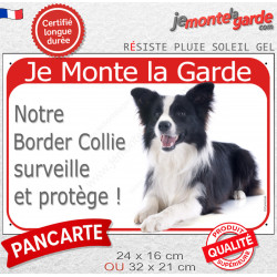 Border Collie noir et blanc à poils longs couché, plaque portail rouge "Je Monte la Garde, surveille et protège" pancarte photo