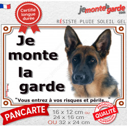 Berger Allemand noir feu Poils Courts Tête, Plaque portail "Je Monte la Garde, risques et périls" pancarte photo attention chien