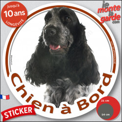 Cocker Anglais bleu, sticker autocollant rond "Chien à Bord" noir et blanc, adhésif vitre voiture photo