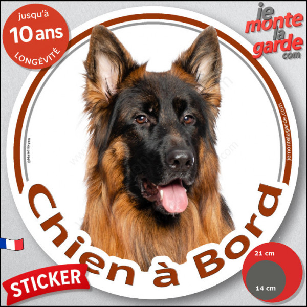 Berger Allemand poils long, disque autocollant rond "Chien à Bord" Sticker adhésif voiture photo noir et feu masque face noir
