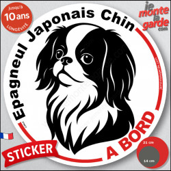 Disque autocollant "Epagneul Japonais Chin à Bord" en noir et blanc. Sticker adhésif rond vitre voiture résiste intempéries