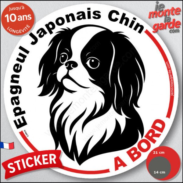 Disque autocollant "Epagneul Japonais Chin à Bord" en noir et blanc. Sticker adhésif rond vitre voiture résiste intempéries