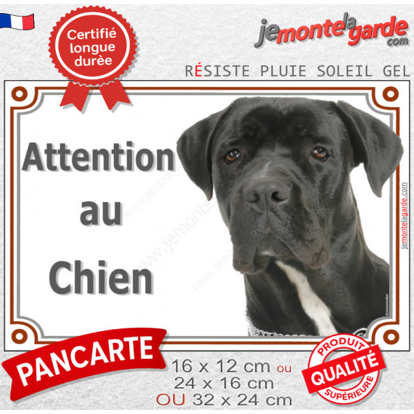 Cane Corso Italiano tout noir, pancarte portail extérieure "Attention au Chien" photo race résiste intempéries