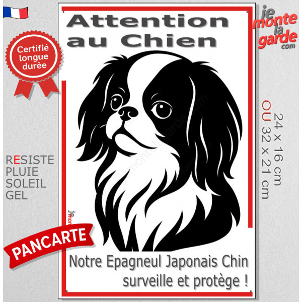 Plaque portail verticale "Attention au Chien, notre Epagneul Japonais Chin surveille et protège" dessin stylisé noir et blanc