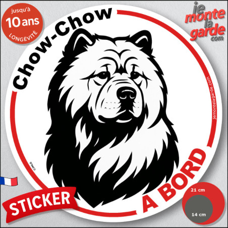 Disque autocollant "Chow-Chow à Bord" en noir et blanc. Sticker adhésif rond vitre voiture, résiste pluie soleil gel, idée cadea
