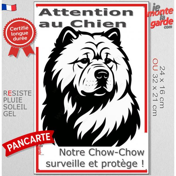 Plaque portail verticale "Attention au Chien, notre Chow-Chow surveille et protège" dessin stylisé noir et blanc, résiste soleil