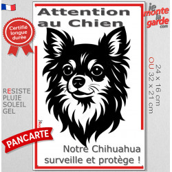 Plaque portail verticale "Attention au Chien, notre Chihuahua poils longs surveille et protège" dessin stylisé noir et blanc