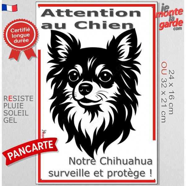 Plaque portail verticale "Attention au Chien, notre Chihuahua poils longs surveille et protège" dessin stylisé noir et blanc
