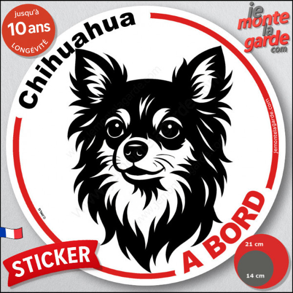 Disque autocollant "Chihuahua poils longs à Bord" en noir et blanc. Sticker adhésif rond vitre voiture résiste intempéries