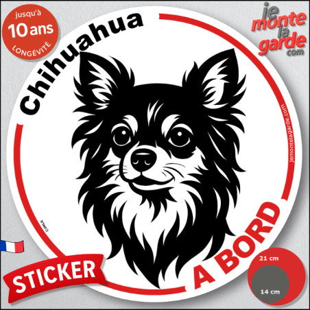 Disque autocollant voiture "Chihuahua poils longs à Bord" noir et blanc 2 tailles D
