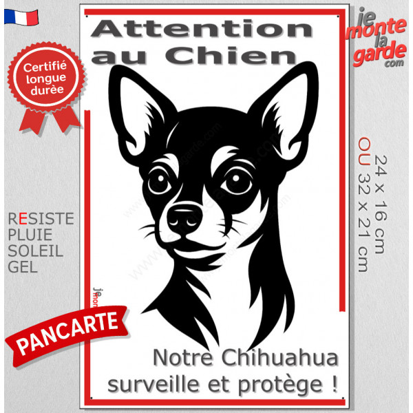 Plaque portail verticale "Attention au Chien, notre Chihuahua poils courts surveille et protège" dessin stylisé noir et blanc
