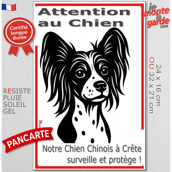 Plaque portail verticale "Attention au Chien, notre Chien Nu Chinois à Crête surveille et protège" dessin stylisé noir et blanc