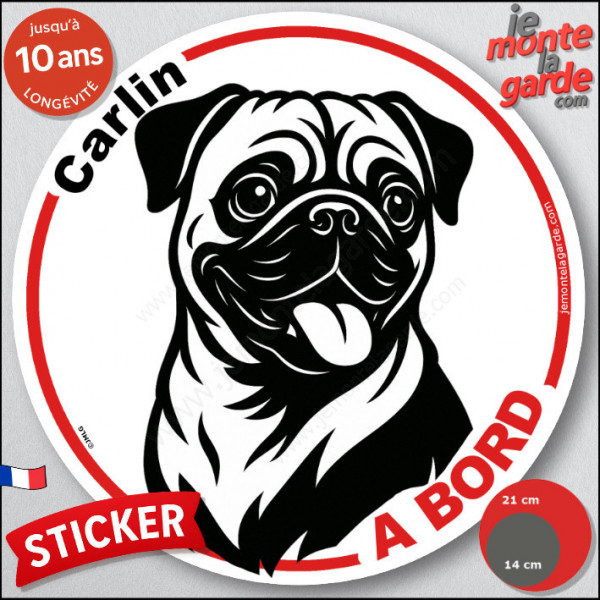 Disque autocollant "Carlin à Bord" en noir et blanc. Sticker adhésif rond vitre voiture résiste intempéries