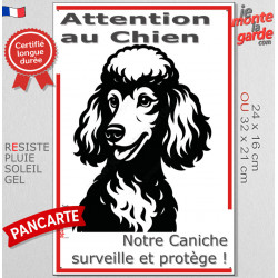 Plaque portail verticale "Attention au Chien, notre Caniche surveille et protège" dessin stylisé noir et blanc, résiste soleil