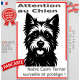 Plaque portail verticale "Attention au Chien, notre Cairn Terrier surveille et protège" dessin stylisé noir et blanc, résiste