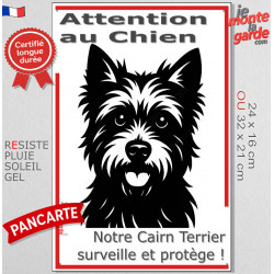 Plaque portail verticale "Attention au Chien, notre Cairn Terrier surveille et protège" dessin stylisé noir et blanc, résiste