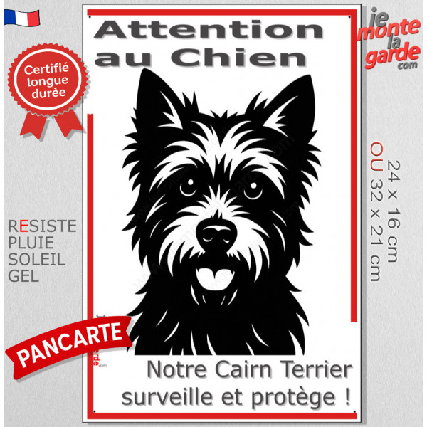 Plaque portail verticale "Attention au Chien, notre Cairn Terrier surveille et protège" dessin stylisé noir et blanc, résiste