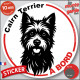 Disque autocollant "Cairn Terrier à Bord" en noir et blanc. Sticker adhésif rond vitre voiture résiste intempéries