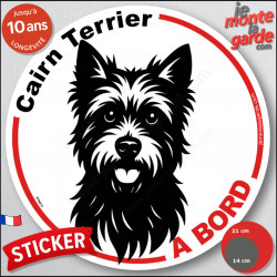 Disque autocollant "Cairn Terrier à Bord" en noir et blanc. Sticker adhésif rond vitre voiture résiste intempéries
