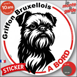 Disque autocollant "Griffon Bruxellois à Bord" en noir et blanc. Sticker adhésif rond vitre voiture résiste intempéries