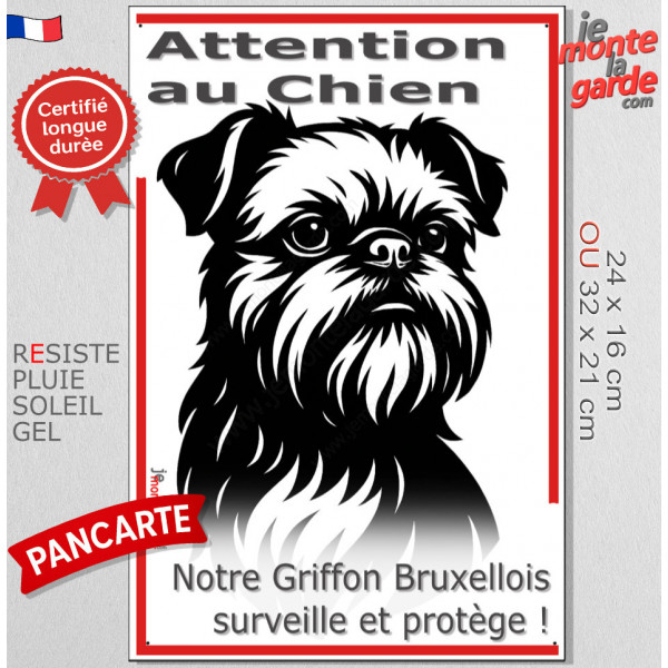 Plaque portail verticale "Attention au Chien, notre Griffon Bruxellois surveille et protège" dessin stylisé noir et blanc