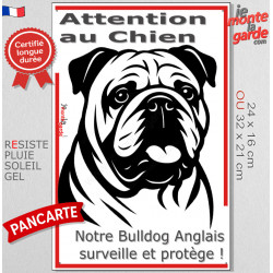 Plaque portail verticale "Attention au Chien, notre Bulldog Anglais surveille et protège" dessin stylisé noir et blanc, résiste 