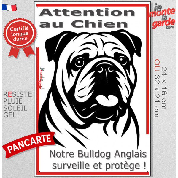 Plaque portail verticale "Attention au Chien, notre Bulldog Anglais surveille et protège" dessin stylisé noir et blanc, résiste 