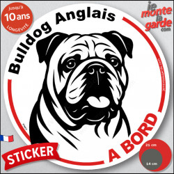 Disque autocollant "Bulldog Anglais à Bord" en noir et blanc. Sticker adhésif rond vitre voiture résiste intempéries