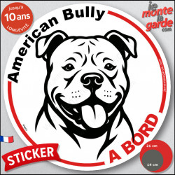 Disque autocollant "American Bully à Bord" en noir et blanc. Sticker adhésif rond vitre voiture résiste intempéries