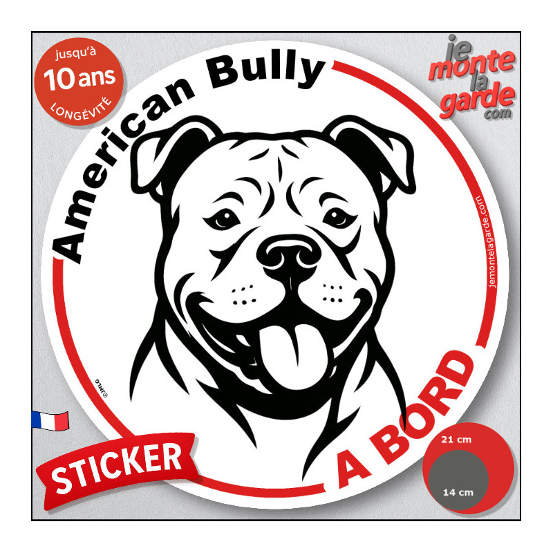 Disque autocollant "American Bully à Bord" en noir et blanc. Sticker adhésif rond vitre voiture résiste intempéries