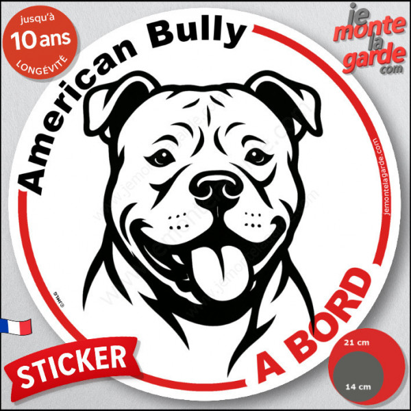 Disque autocollant "American Bully à Bord" en noir et blanc. Sticker adhésif rond vitre voiture résiste intempéries