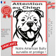 Plaque portail verticale "Attention au Chien, notre American Bully surveille et protège" dessin stylisé noir et blanc, résiste