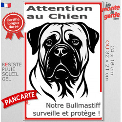 Plaque portail verticale "Attention au Chien, notre Bullmastiff surveille et protège" dessin stylisé noir et blanc, résiste
