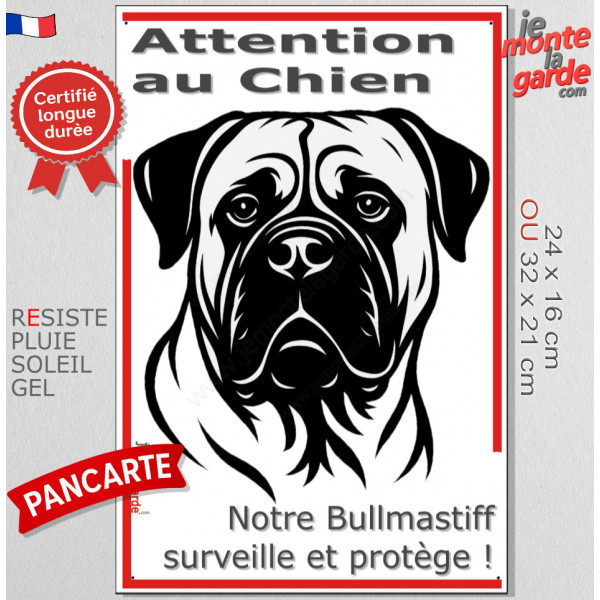 Plaque portail verticale "Attention au Chien, notre Bullmastiff surveille et protège" dessin stylisé noir et blanc, résiste
