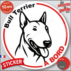 Disque autocollant "Bull Terrier à Bord" en noir et blanc. Sticker adhésif rond vitre voiture résiste intempéries
