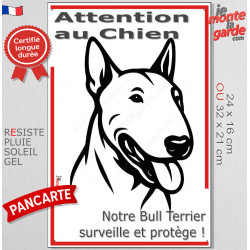 Plaque portail verticale "Attention au Chien, notre Bull Terrier surveille et protège" dessin stylisé noir et blanc, résiste