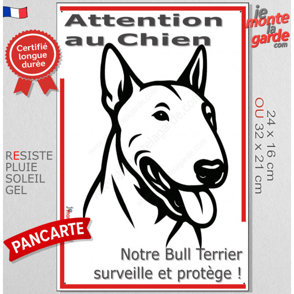 Plaque portail verticale "Attention au Chien, notre Bull Terrier surveille et protège" dessin stylisé noir et blanc, résiste