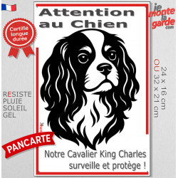 Plaque portail verticale "Attention au Chien, notre Cavalier King Charles surveille et protège" dessin stylisé noir et blanc
