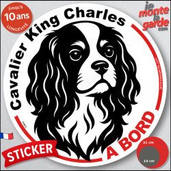 Disque autocollant "Cavalier King Charles à Bord" en noir et blanc. Sticker adhésif rond vitre voiture résiste intempéries