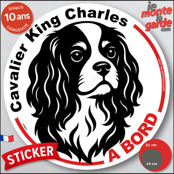 Disque autocollant "Cavalier King Charles à Bord" en noir et blanc. Sticker adhésif rond vitre voiture résiste intempéries